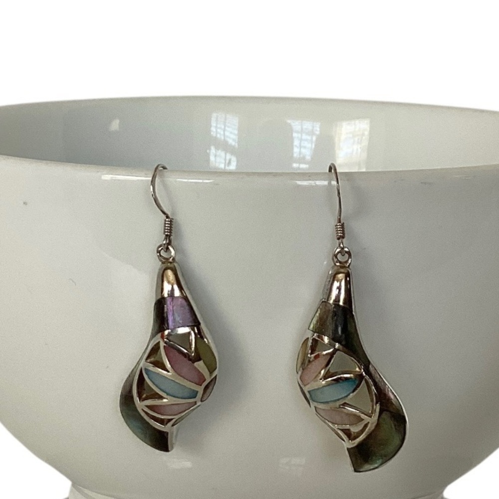 925 Sterling Silver Iridescent MOP Drop Hook Earrings Pink Blue Purple Green EUC - Picture 13 of 14